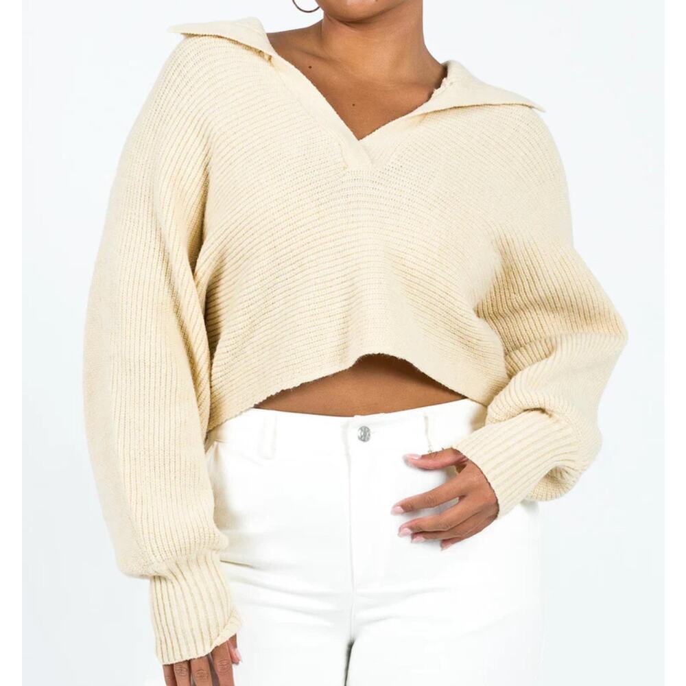 Princess Polly Cream Cropped V-Neck Ribbed Sweater